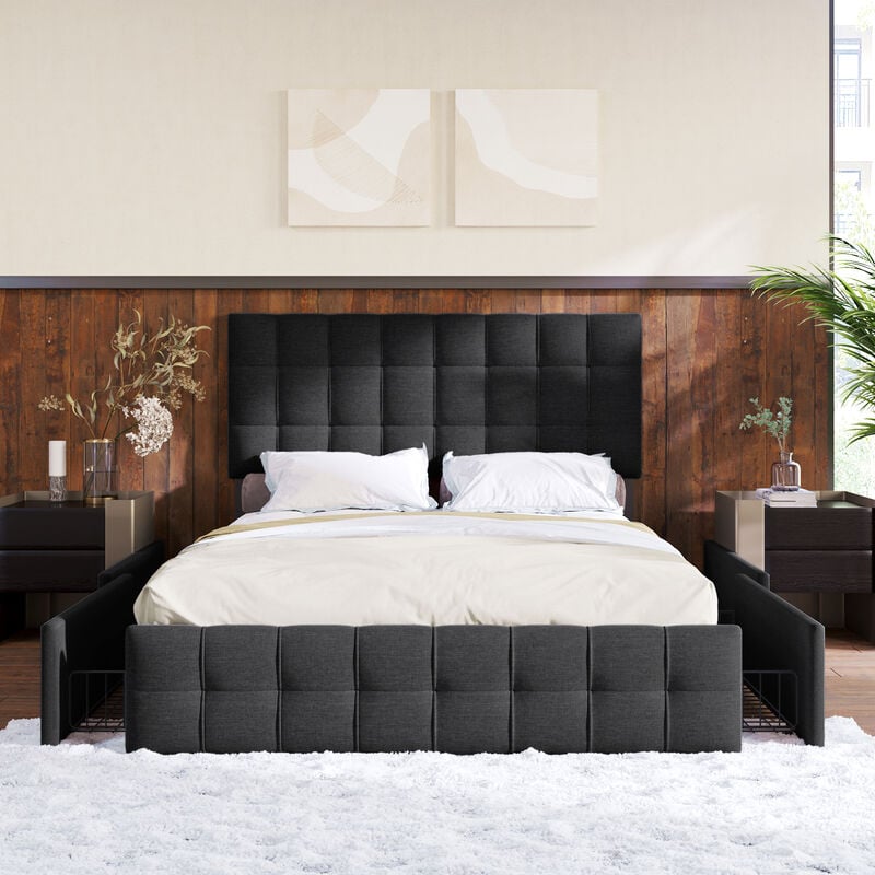 foto del prodotto letto imbottito 140x200cm letto contenitore letto matrimoniale con 4 cassetti, testiera regolabile in altezza e doghe in metallo, letto funzionale in