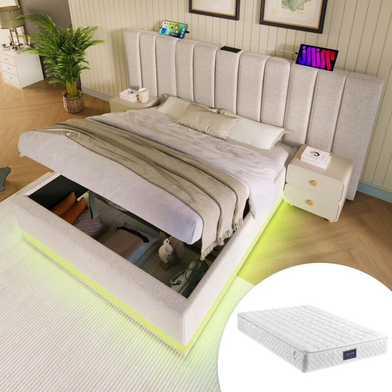 foto del prodotto letto imbottito 160 200, letto contenitore matrimoniale con controllo tramite app led e funzione di ricarica usb c, struttura letto con rete a doghe,