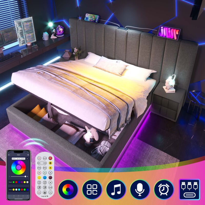 foto del prodotto letto imbottito 160 200, letto contenitore matrimoniale con controllo tramite app led e funzione di ricarica usb c, struttura letto con rete a doghe,