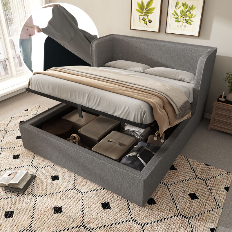 foto del prodotto letto imbottito 160 200, letto matrimoniale con contenitore idraulico con ampio schienale laterale e giroletto sfoderabile, giroletto con rete a