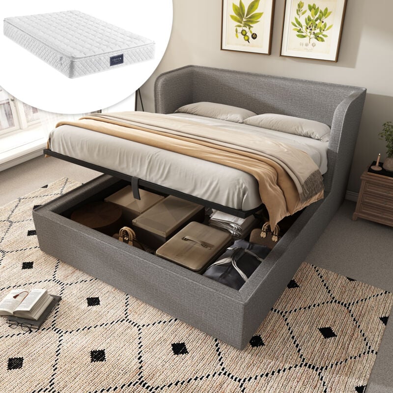foto del prodotto letto imbottito 160 200, letto matrimoniale con contenitore idraulico con ampio schienale laterale e rivestimento rete sfoderabile, giroletto con