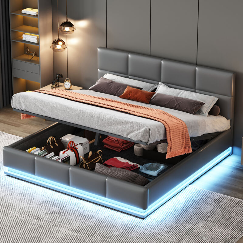 foto del prodotto letto imbottito 160 x 200 cm con led, rete a doghe in metallo e box letto, letto matrimoniale con testiera imbottita regolabile in altezza e