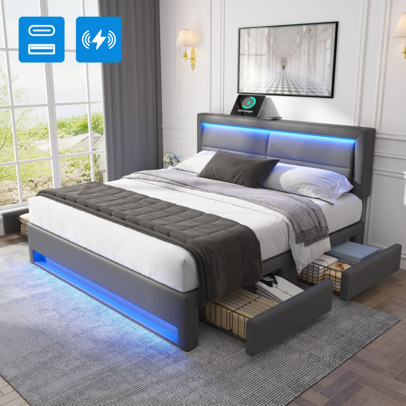 foto del prodotto letto imbottito 160 x 200 cm, con porta usb supporta la ricarica wireless e via cavo , con illuminazione a led e quattro cassetti, senza materasso,