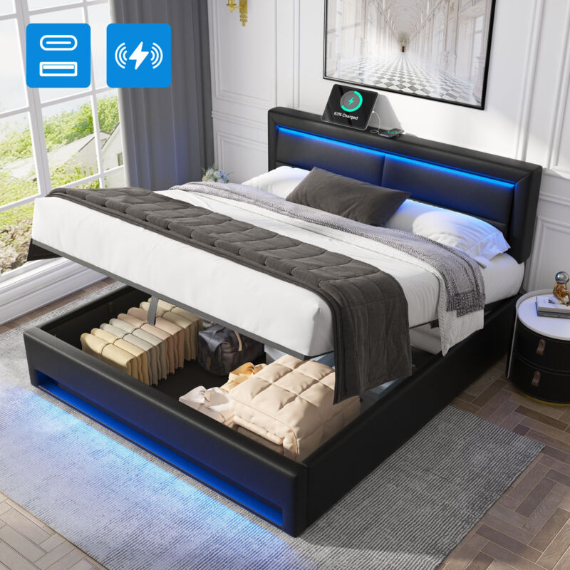 foto del prodotto letto imbottito 160 x 200 cm, con porta usb supporta la ricarica wireless e via cavo , con illuminazione a led e spazio per riporre oggetti, senza
