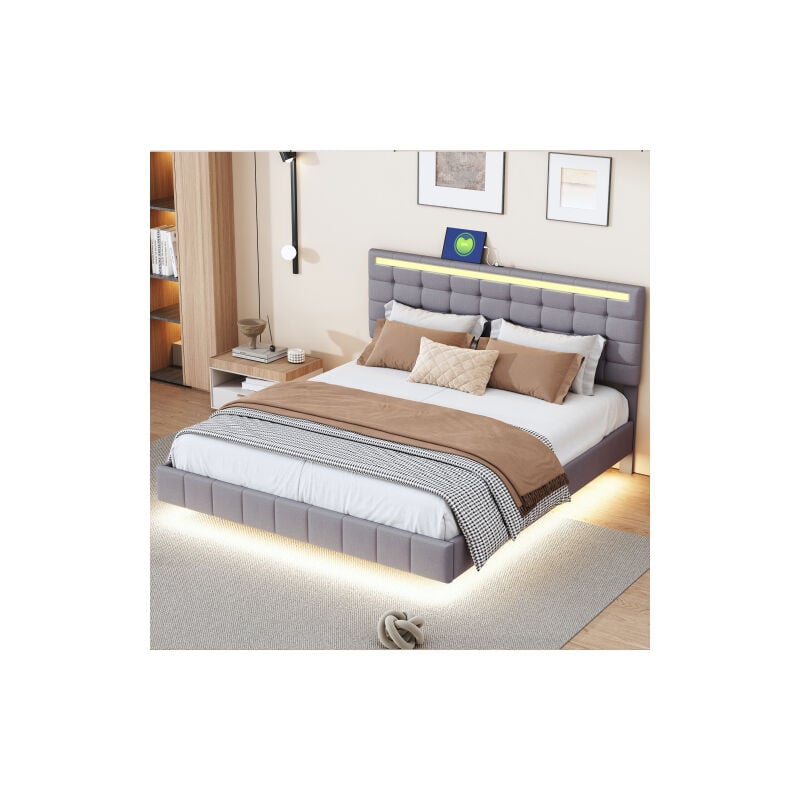 foto del prodotto letto imbottito 160 x 200 cm, giroletto imbottito sospeso con luci a led e design della testiera, letto matrimoniale piatto letto per gli ospiti in