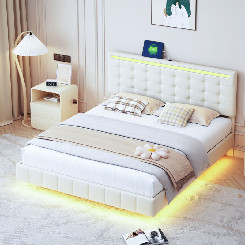 foto del prodotto letto imbottito 160 x 200 cm, giroletto imbottito sospeso con luci a led e design della testiera, letto matrimoniale piatto per ospiti in lino