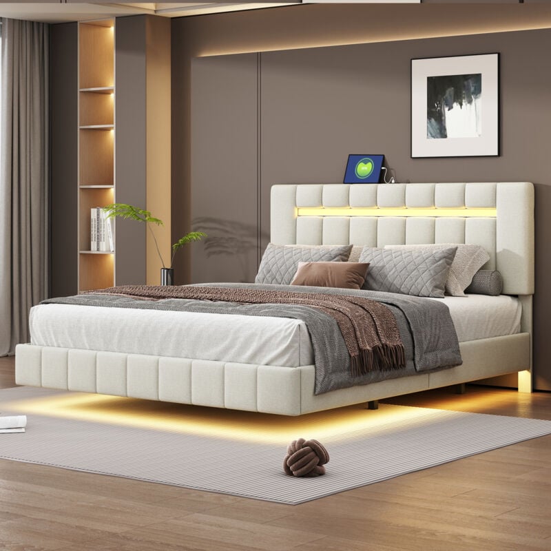 foto del prodotto letto imbottito 160 x 200 cm, giroletto imbottito sospeso con luci a led e testiera di design, letto matrimoniale piatto, letto per ospiti in lino