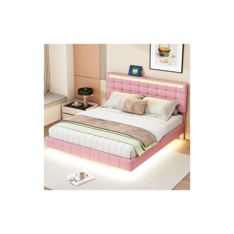 foto del prodotto letto imbottito 160 x 200 cm, giroletto imbottito sospeso con luci led e design della testiera, letto matrimoniale piatto letto ospiti in lino
