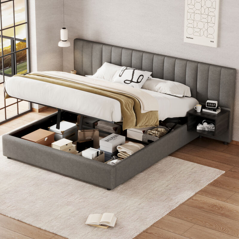 foto del prodotto letto imbottito 160 x 200 cm, letto a ribalta idraulica con due comodini con contenitore, adatto per adulti e adolescenti, rete a doghe in legno,