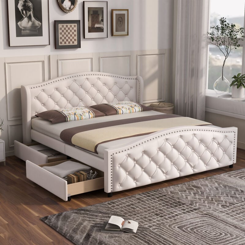 foto del prodotto letto imbottito 160 x 200 cm letto con rete a doghe, 2 cassetti e testiera con rivetti legno e similpelle bianco letto per ragazzi letto