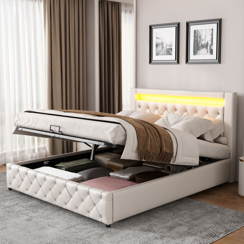 foto del prodotto letto imbottito 160 x 200 cm, letto funzionale con rete a doghe e spazio contenitivo, con illuminazione a led, con funzione contenitore, bianco, pu