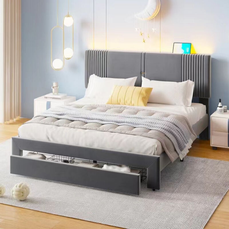 foto del prodotto letto imbottito 160 x 200 cm, letto matrimoniale con striscia luminosa e presa usb, schienale e ampio cassetto, letto matrimoniale delicato sulla