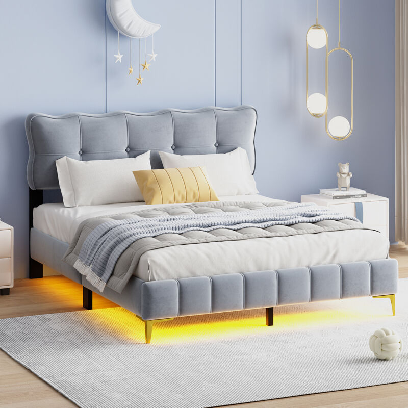 foto del prodotto letto imbottito 160 x 200 cm, letto per ragazzi, letto matrimoniale con luci led con schienale con rete a doghe in tessuto di velluto, piedini alti