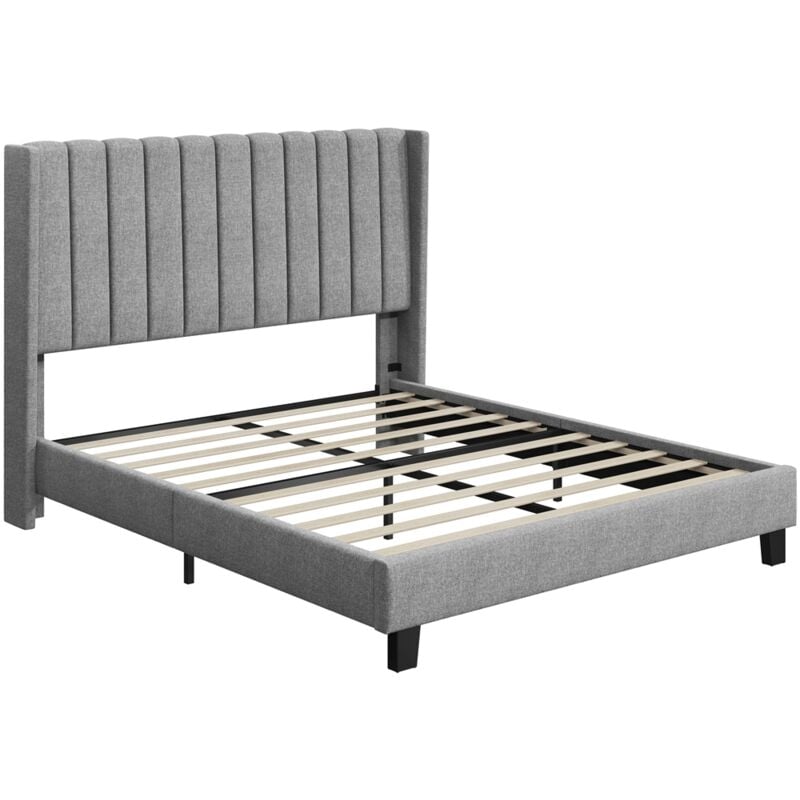 immagine 0 del prodotto letto imbottito 160 x 200 cm matrimoniale testiera a strisce con rete a doghe in legno e metallo struttura letto a piattaforma antirumore montaggio