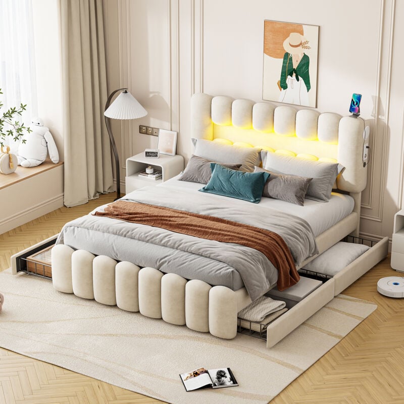 foto del prodotto letto imbottito, 160 x 200 cm, senza materasso, letto imbottito con 4 cassetti, letto imbottito con striscia luminosa a led con usb e stereo,
