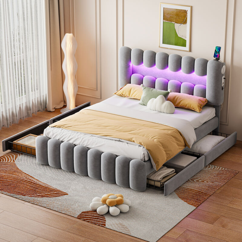 foto del prodotto letto imbottito, 160 x 200 cm, senza materasso, letto imbottito con 4 cassetti, letto imbottito con striscia luminosa a led con usb e stereo,