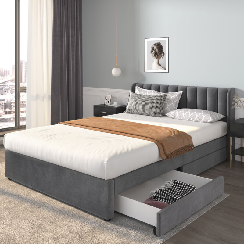 foto del prodotto letto imbottito 160 x 200 cm velluto con schienale a doghe 2 cassetti, grigio okwish