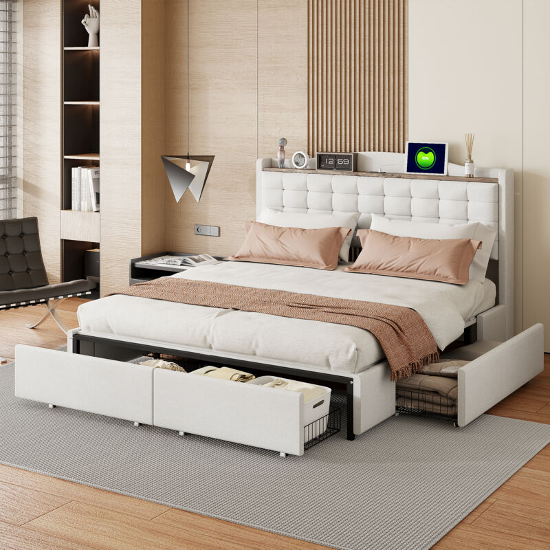 foto del prodotto letto imbottito 160200 cm, comodino con porta di ricarica usb e ripiano, letto matrimoniale piatto con 4 cassetti, tessuto di lino beige