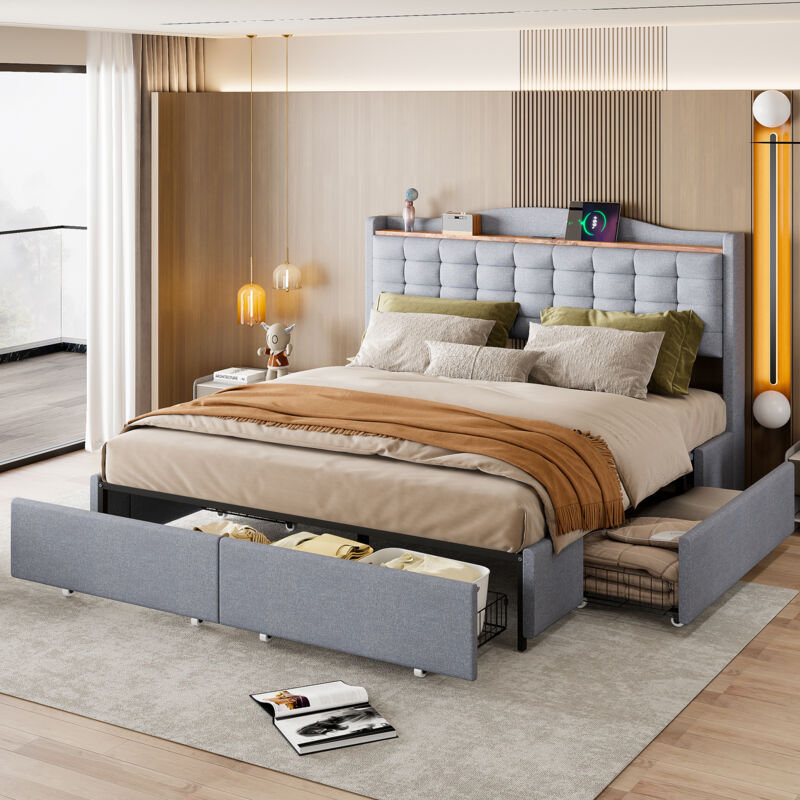 foto del prodotto letto imbottito 160200 cm, comodino con porta di ricarica usb e ripiano, letto matrimoniale piatto con 4 cassetti, tessuto di lino grigio