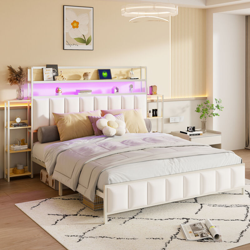 foto del prodotto letto imbottito 160200 cm, con pi ripiani, con illuminazione a led, testiera per riporre gli oggetti, giroletto in ferro pieno, letto per ragazzi,