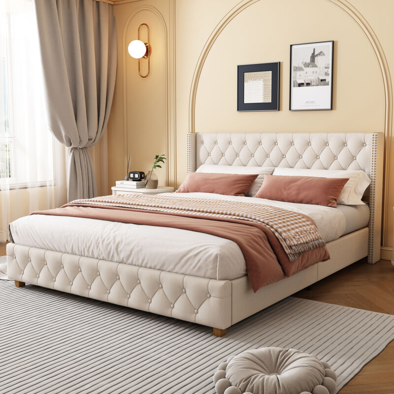 immagine 0 del prodotto letto imbottito 160200 cm con rete e testiera a doghe, rivestimento con bottoni, rivestimento con rivetti, gambe in legno, lino, beige