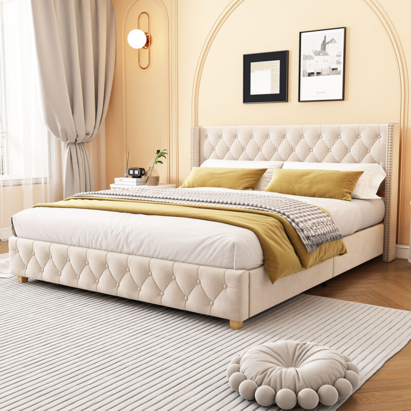 foto del prodotto letto imbottito 160200 cm con rete e testiera a doghe, rivestimento con bottoni, rivestimento con rivetti, gambe in legno, velluto, beige chiaro