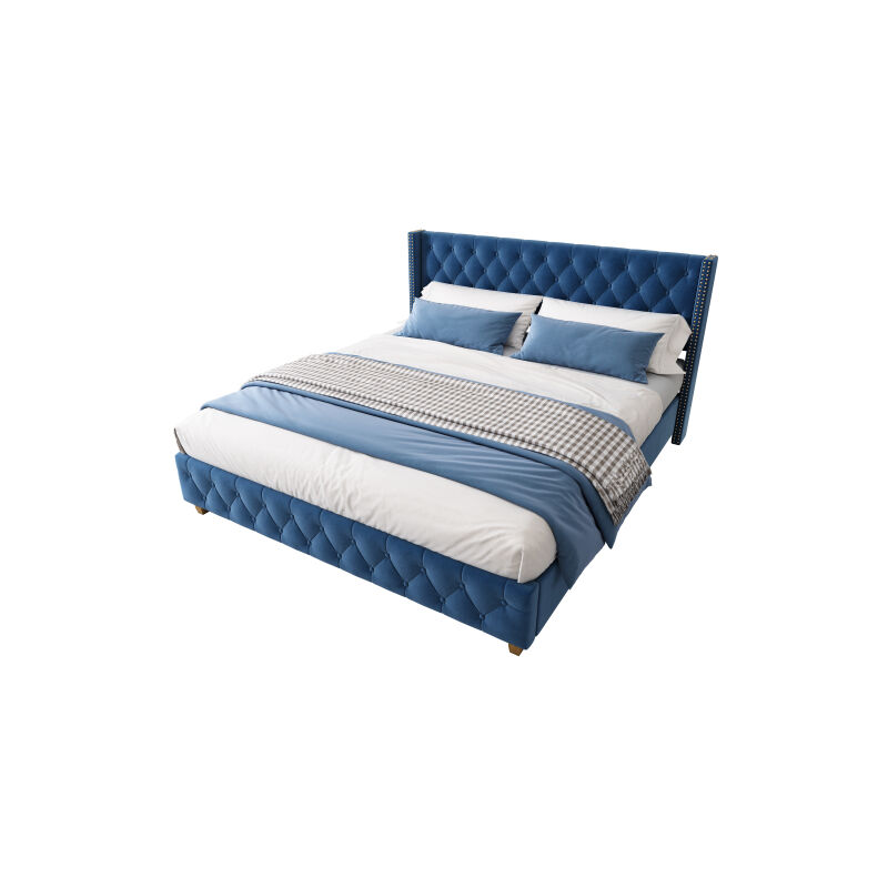 foto del prodotto letto imbottito 160200 cm con rete e testiera a doghe, rivestimento con bottoni, rivestimento con rivetti, gambe in legno, velluto, blu