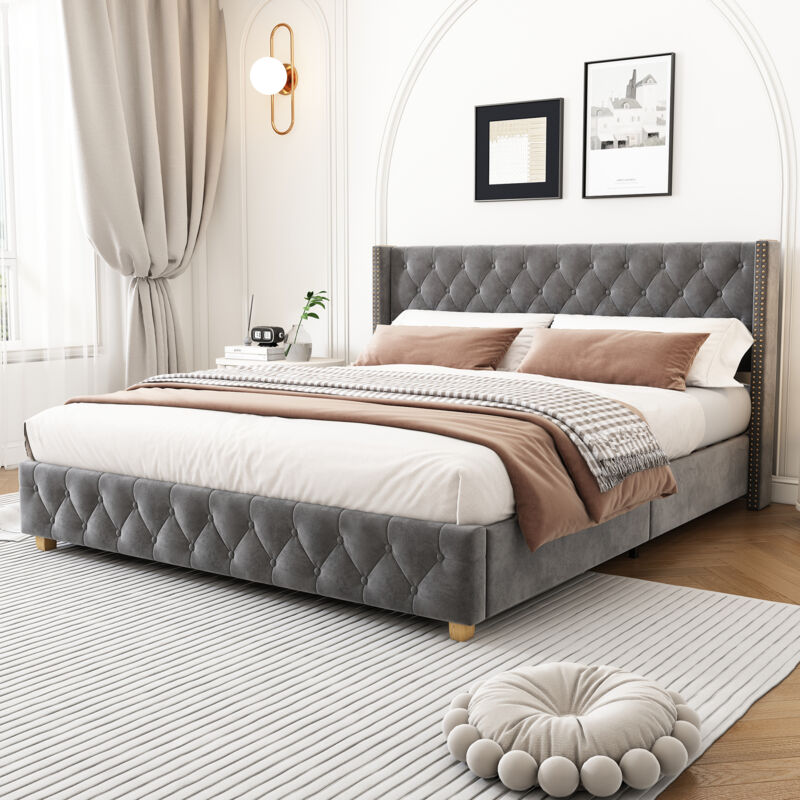 immagine 0 del prodotto letto imbottito 160200 cm con rete e testiera a doghe, rivestimento con bottoni, rivestimento con rivetti, gambe in legno, velluto, grigio
