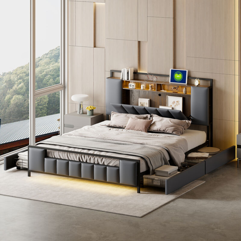foto del prodotto letto imbottito 160200 cm, letto multifunzione con luce led, con presa usb, con cassetti, struttura letto in ferro pieno, letto per ragazzi, letto