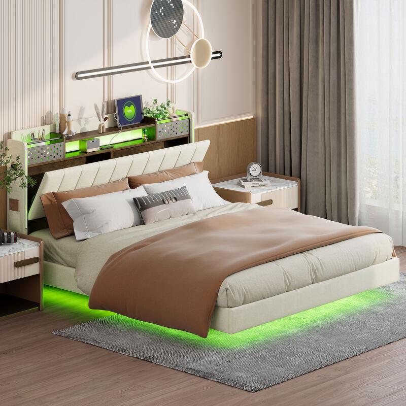 foto del prodotto letto imbottito 160200 con illuminazione a led e porta usb, testiera con contenitore, letto galleggiante per giovani adulti, tessuto in lino, beige