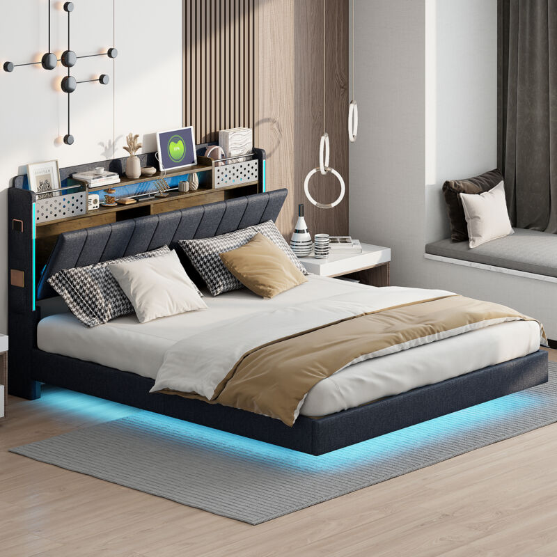 foto del prodotto letto imbottito 160200 con illuminazione a led e porta usb, testiera con contenitore, letto galleggiante per giovani adulti, tessuto in lino, grigio