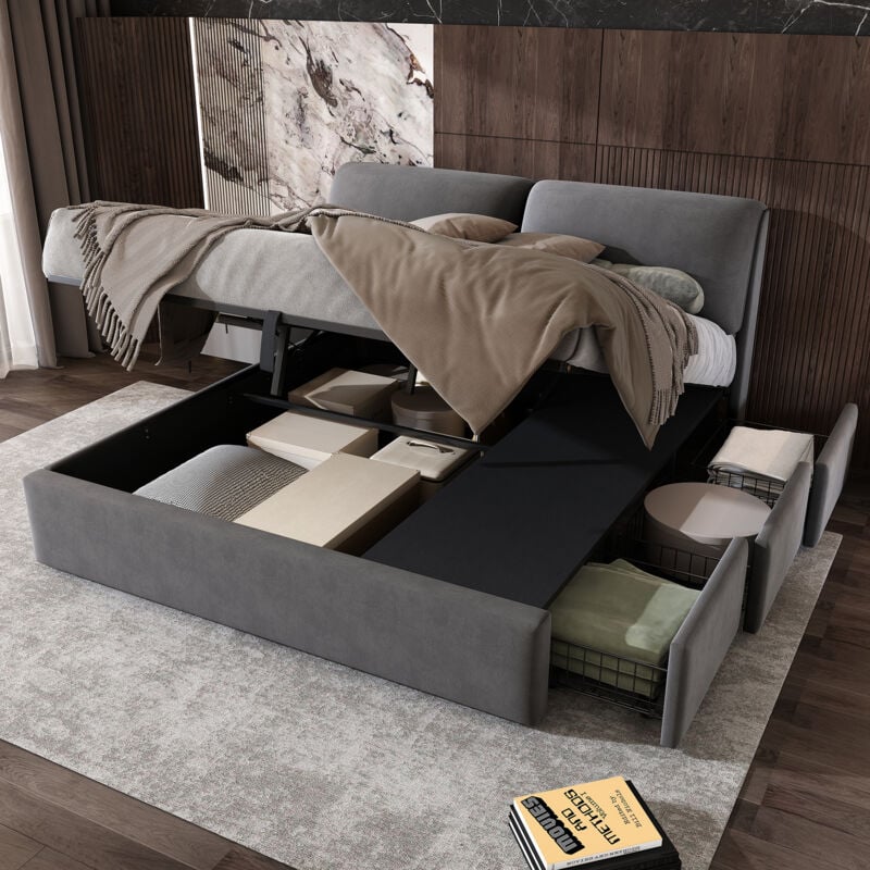foto del prodotto letto imbottito, 160200, letto idraulico, tre cassetti, box contenitore, rete a doghe con testiera, senza materasso, velluto, grigio
