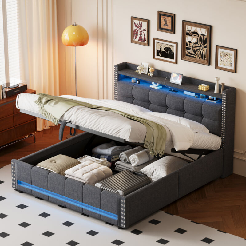 foto del prodotto letto imbottito 160200cm con illuminazione led e presa usb, testiera con ripiani e contenitore, con sistema idraulico per contenitore, letto