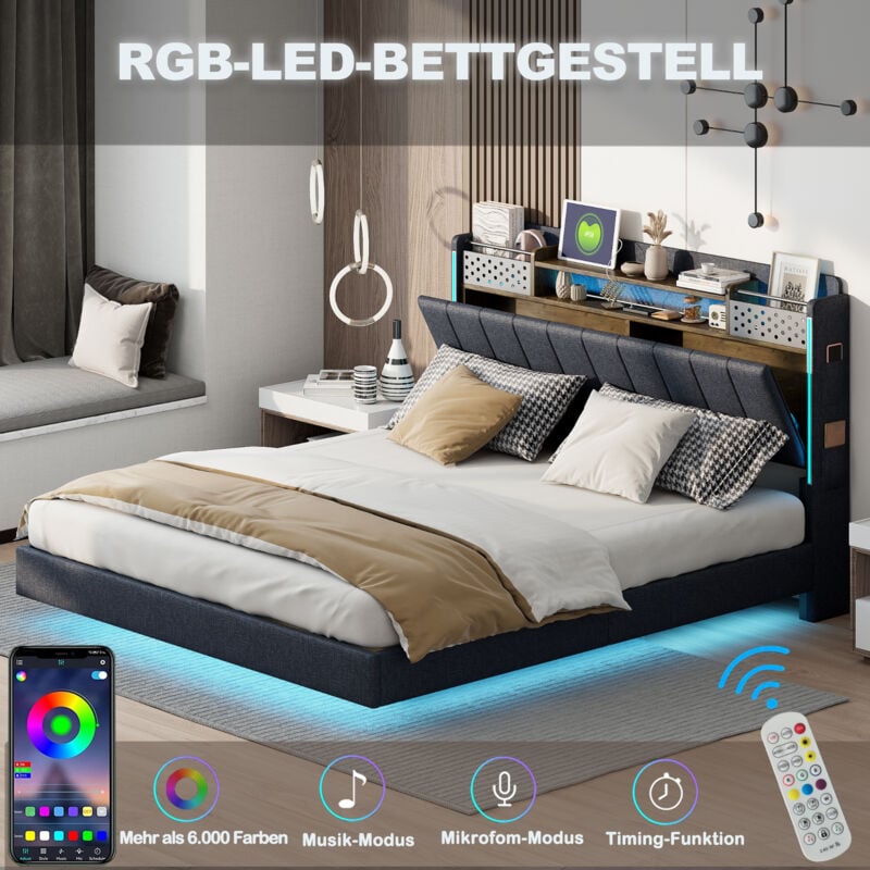 foto del prodotto letto imbottito 160x200 cm, letto galleggiante per ragazzi, illuminazione a led, prese usb, testiera con contenitore, lino, grigio senza materasso 
