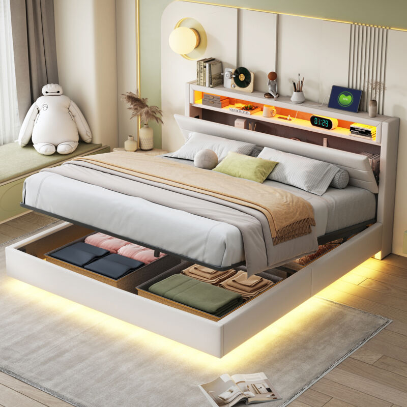 foto del prodotto letto imbottito 160x200 cm, rete idraulica flottante con contenitore, letto imbottito multifunzionale con presa usb e illuminazione led, testiera
