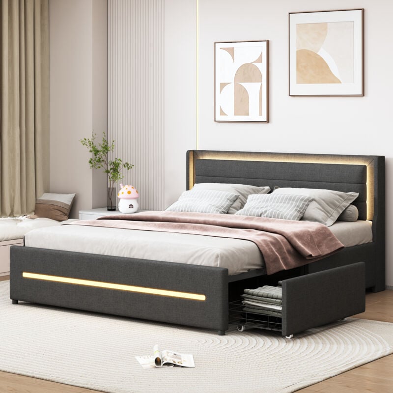 foto del prodotto letto imbottito 160x200, con luci led cambiacolori, vano contenitore, lino, grigio