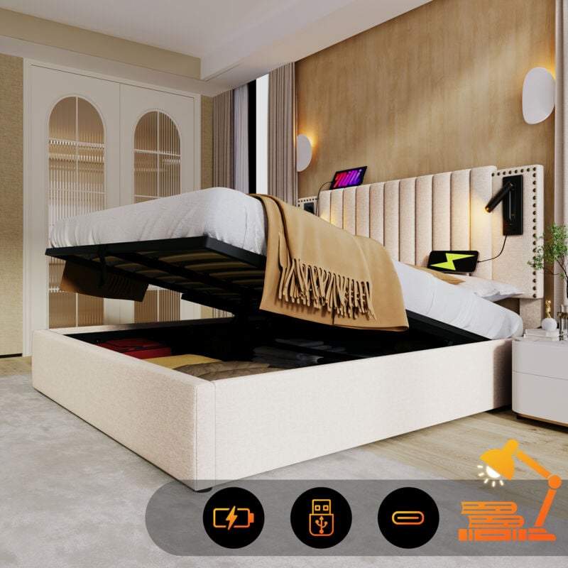 foto del prodotto letto imbottito 160x200, letto matrimoniale, vano contenitore, box letto, lampada da lettura con funzione di ricarica usb, testiera, schienale con