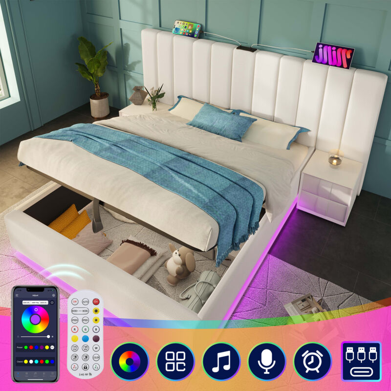 foto del prodotto letto imbottito 180 200, letto contenitore matrimoniale con controllo tramite app led e funzione di ricarica usb c, struttura letto con rete a doghe,