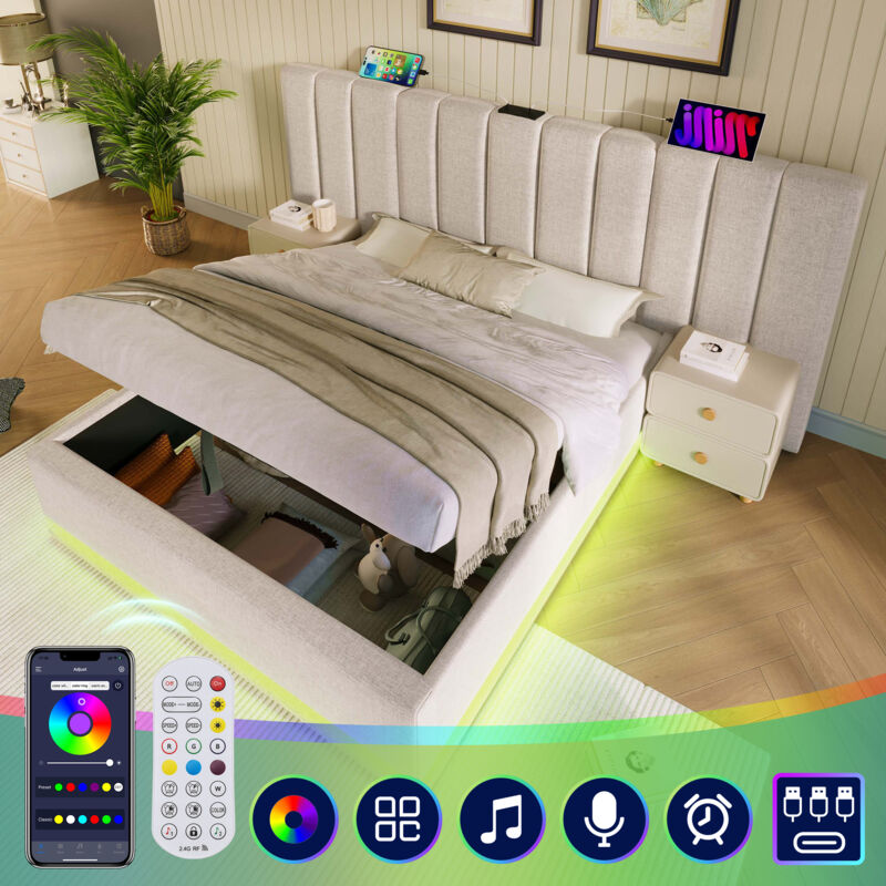 foto del prodotto letto imbottito 180 200, letto contenitore matrimoniale con funzione di ricarica led e usb c, struttura letto con rete a doghe, lino, beige, senza