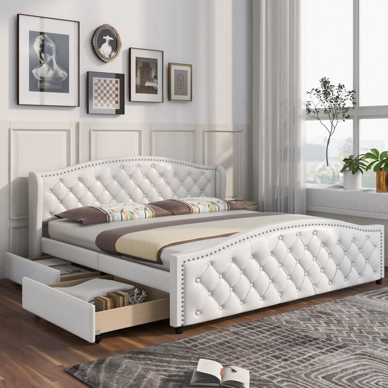 foto del prodotto letto imbottito 180 x 200 cm letto con rete a doghe, 2 cassetti e testiera con rivetti legno e similpelle bianco letto per ragazzi letto