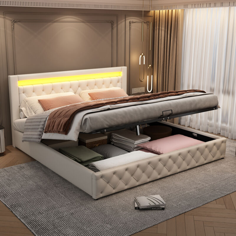 foto del prodotto letto imbottito 180 x 200 cm letto funzionale con rete a doghe e vano portaoggetti, illuminazione a led, con funzione contenitore, bianco, pu