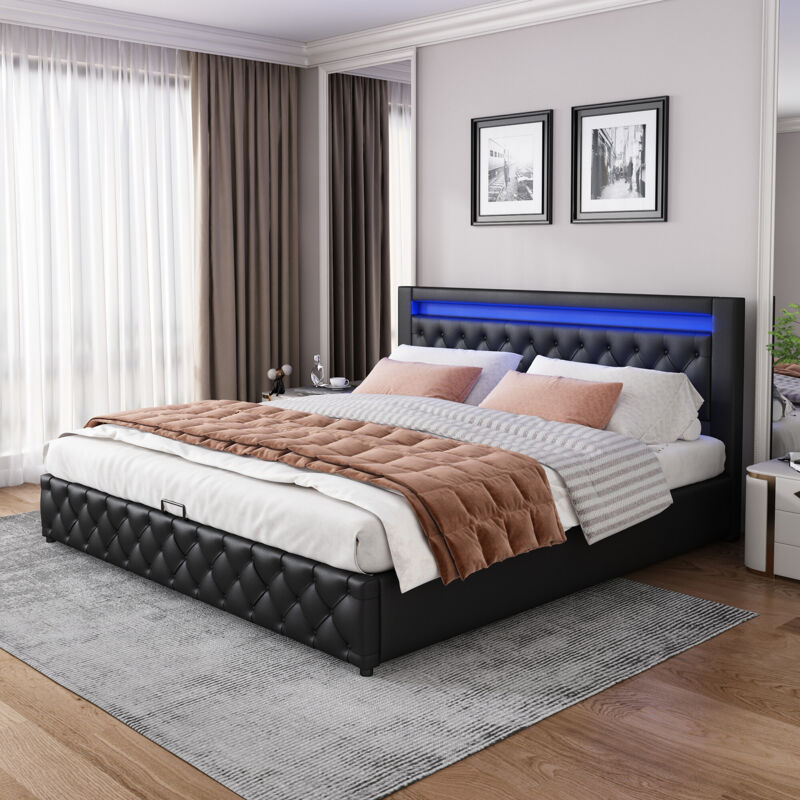 foto del prodotto letto imbottito 180 x 200 cm letto funzionale con rete a doghe e vano portaoggetti, illuminazione a led in diversi colori, nero, pu