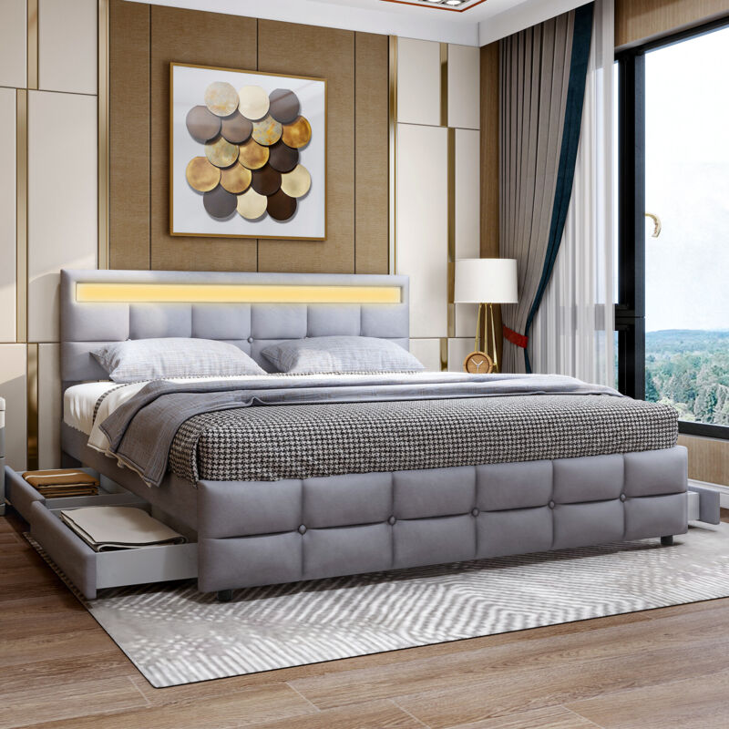 foto del prodotto letto imbottito 180 x 200 cm, letto matrimoniale a led, giroletto con 4 cassetti, rete a doghe e schienale, letto matrimoniale delicato sulla pelle