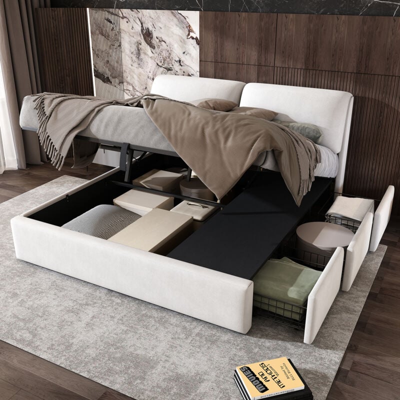 foto del prodotto letto imbottito, 180200, letto idraulico, tre cassetti, box contenitore, rete a doghe con testiera, senza materasso, velluto, bianco