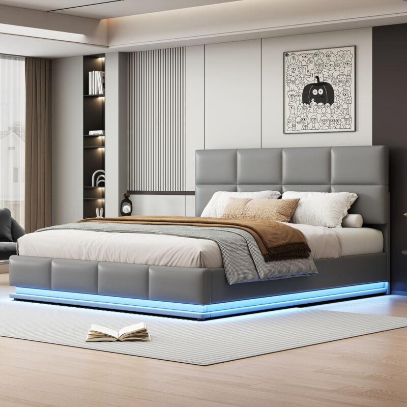 foto del prodotto letto imbottito 180x200 cm con illuminazione a led e vano portaoggetti con sollevamento idraulico, box letto e rete a doghe in similpelle, letto