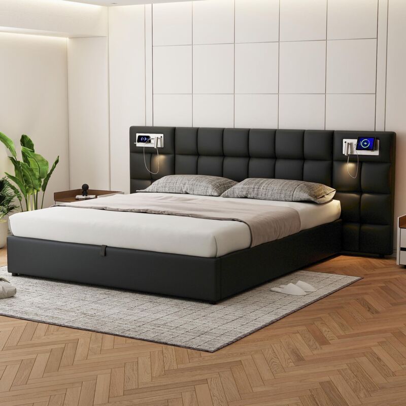 foto del prodotto letto imbottito 180x200 cm, letto contenitore, con porta usb, caricatore wireless e luce, pu, nero