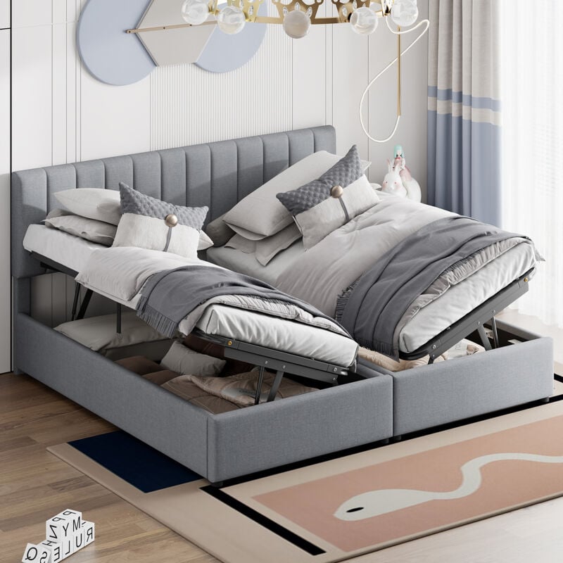 foto del prodotto letto imbottito 180x200 cm, letto contenitore idraulico, letto a soppalco in lino delicato sulla pelle, letto matrimoniale multifunzionale, grigio