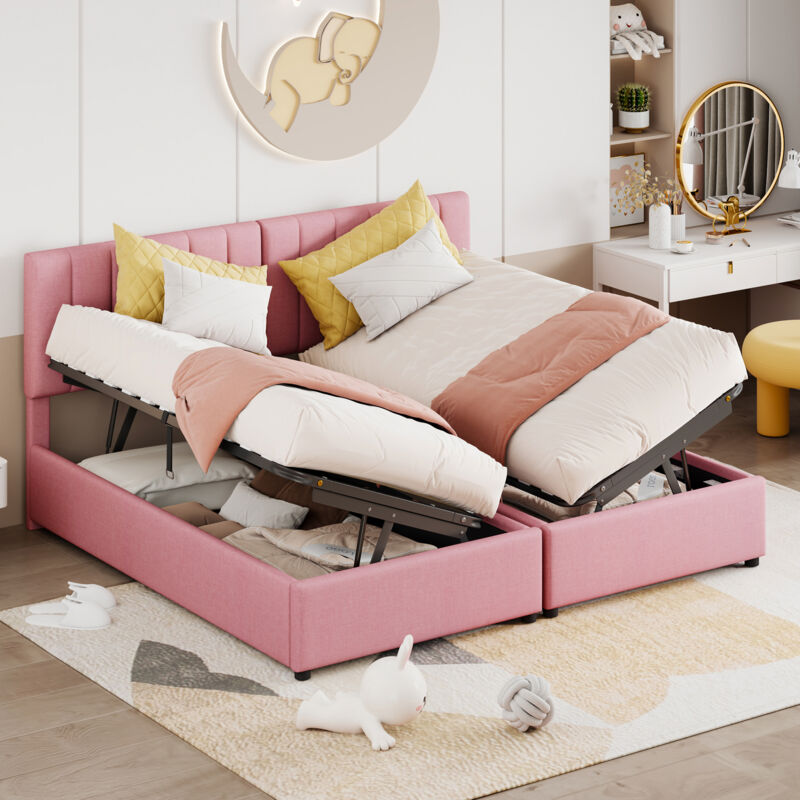 foto del prodotto letto imbottito 180x200 cm, letto contenitore idraulico, letto alto in lino delicato sulla pelle, letto matrimoniale multifunzionale, rosa