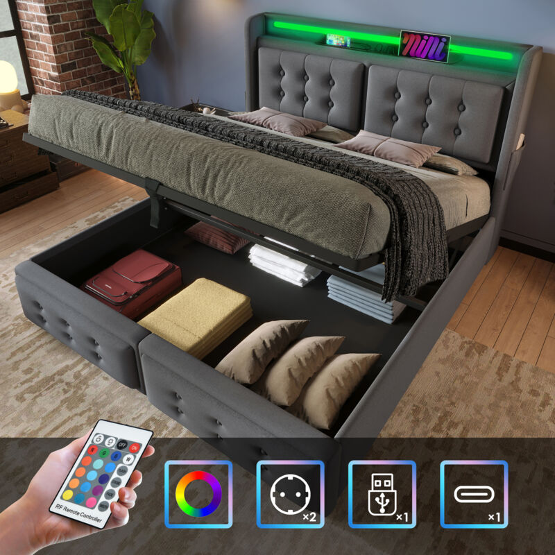 foto del prodotto letto imbottito 180x200, letto matrimoniale con testiera led e funzione di ricarica usb c, letto idraulico con rete a doghe in legno e struttura in