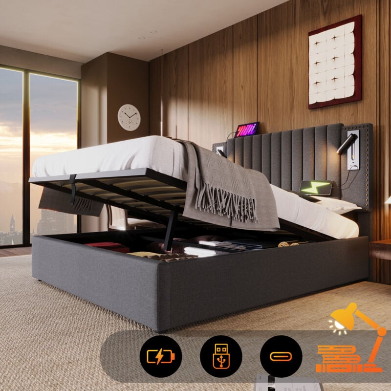 foto del prodotto letto imbottito 180x200, letto matrimoniale, vano contenitore, box letto, lampada da lettura con funzione di ricarica usb, testiera, schienale con